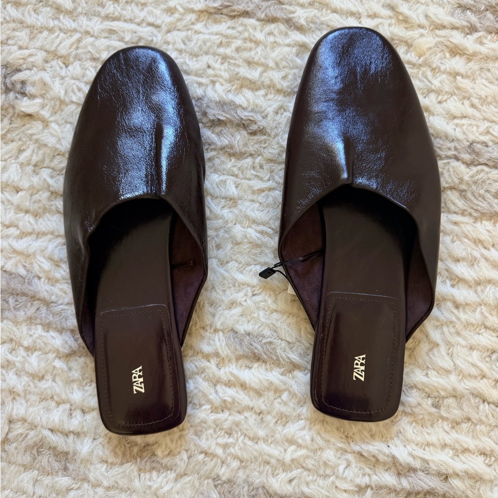 Zara dark brown glossy leather mules